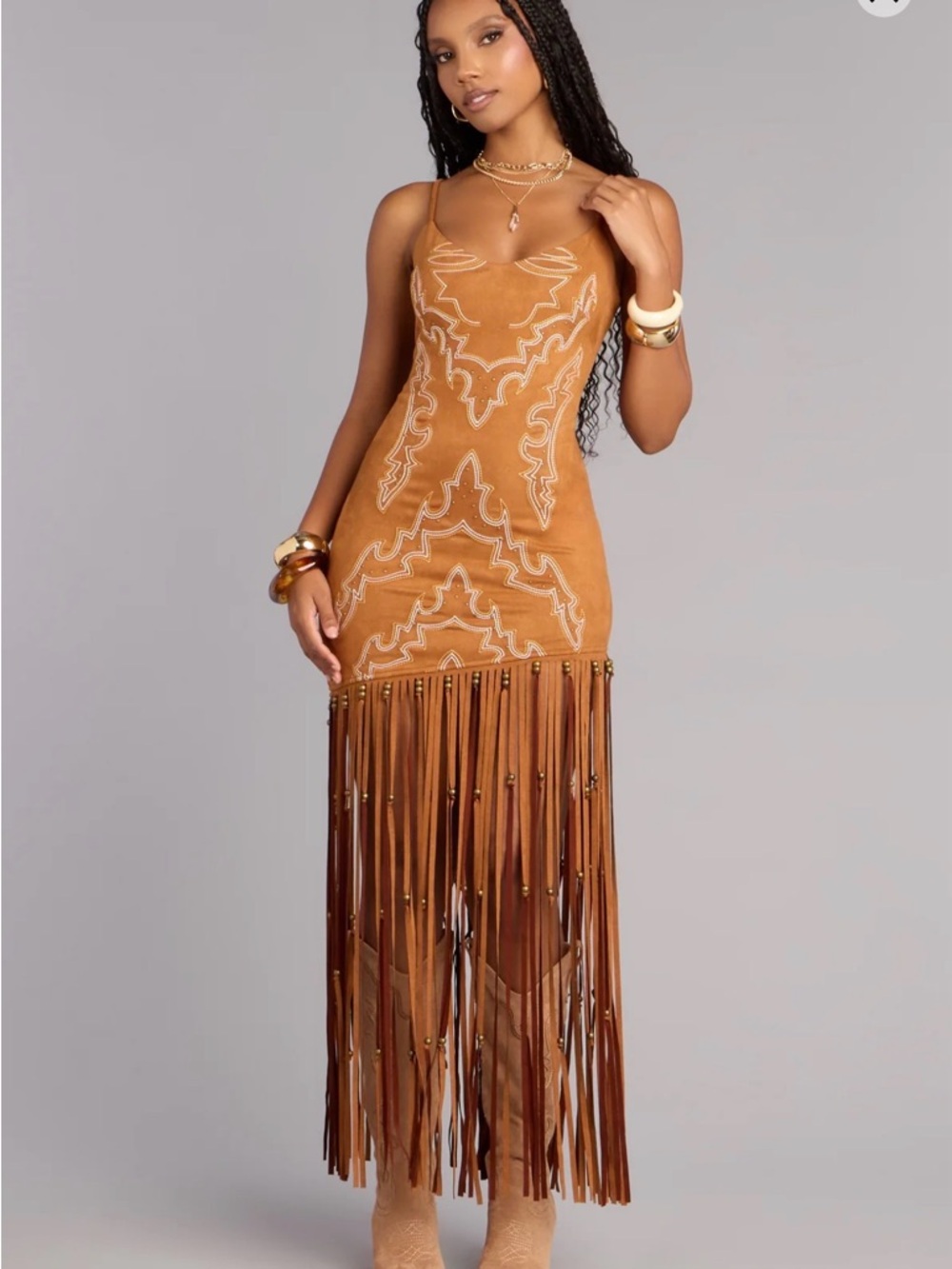 Windsor Tan Suede Fringe Maxi Dress
